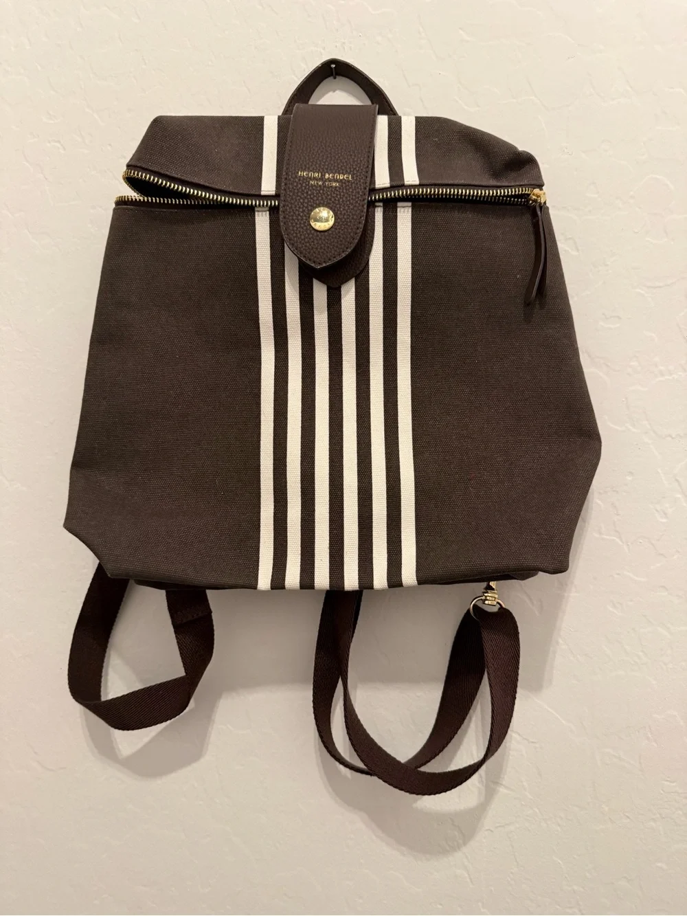 henri bendel Brown and White Striped Canvas Duffel